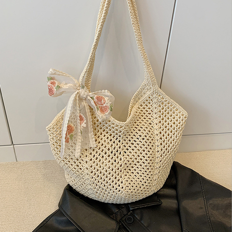Crochet Bag Raffia - 여름 레이스 보우 토트백 여성 라피아