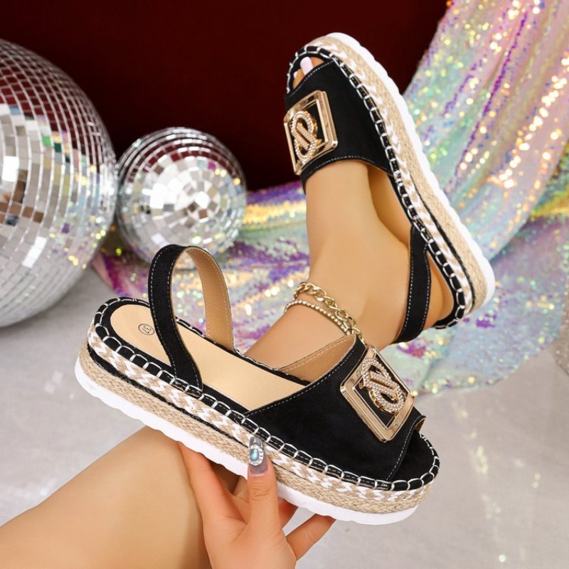 Wedge Espadrille Women - 여성 플랫폼 에스파드리유 샌들, 라인스톤 메탈