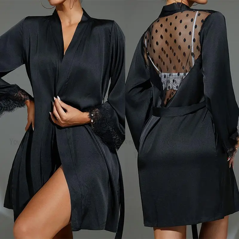 Kimono Sheer Floral - 짧은 기모노 블랙 쉬어 메쉬 가운