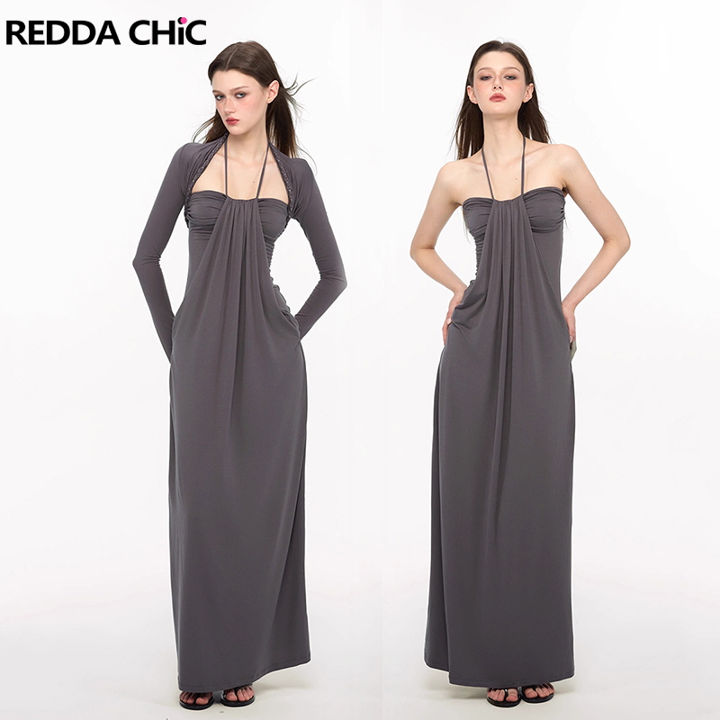 Maxi Dress Halter - REDDACHiC 우아한 브레이드 숄 드레스 세트