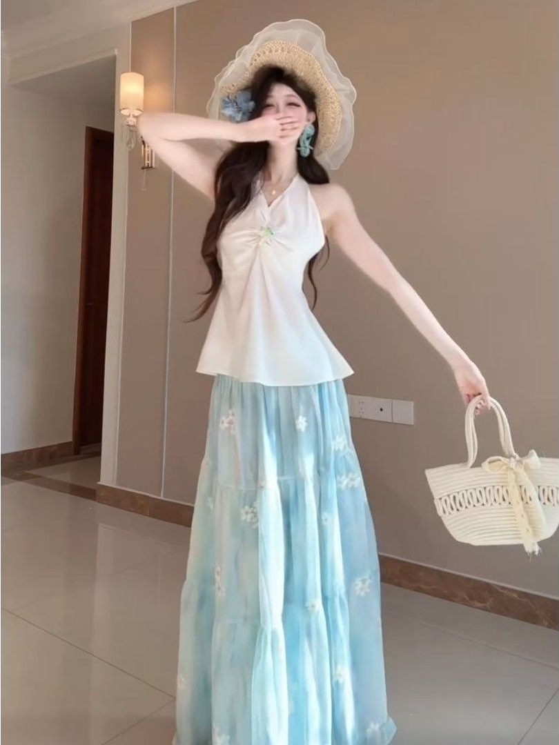 프렌치 리비에라 휴가 스타일 해변풍 플로럴 프린트 투피 - Midi Skirt Floral 리뷰 및 가격