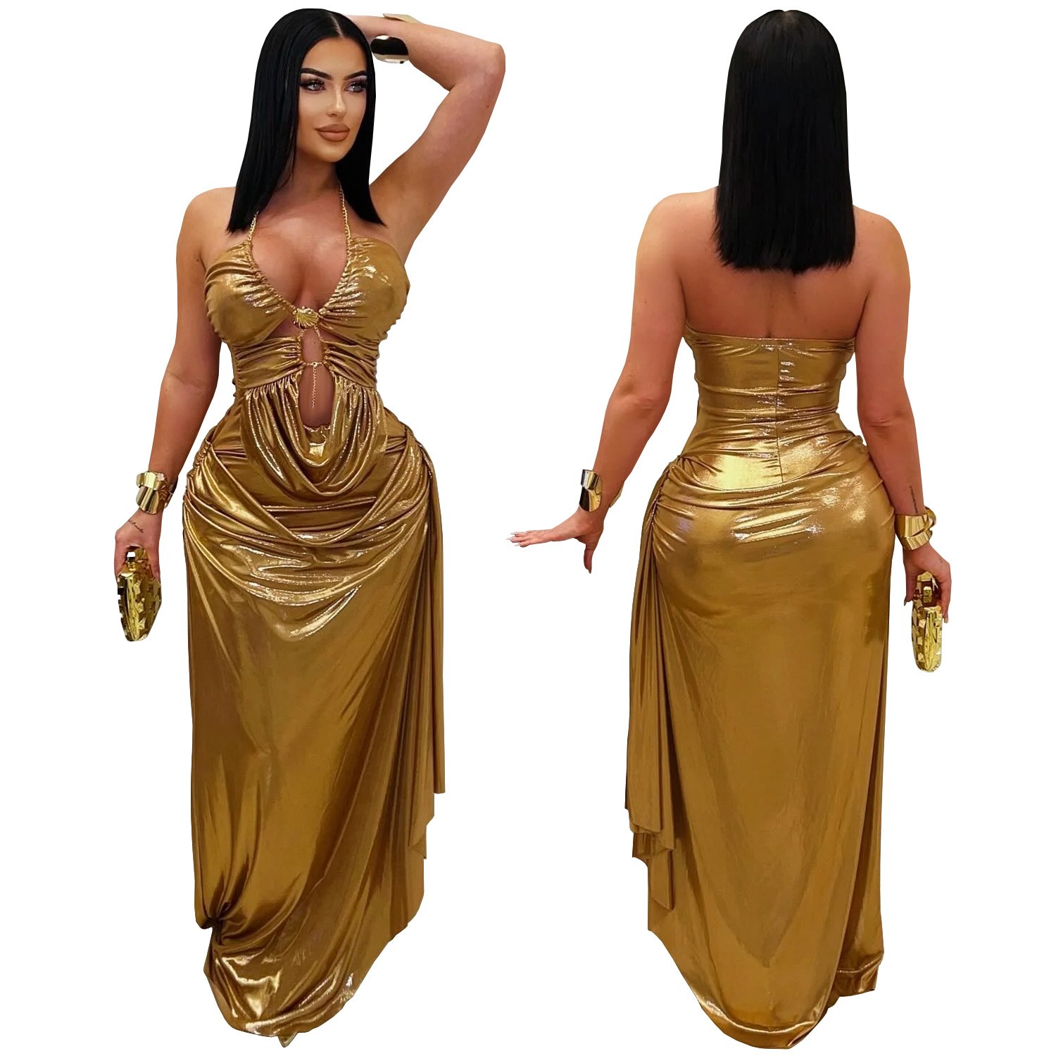웨딩 게스트 드레스 이브닝 홀터넥 민소매 드레스 메탈릭 - Maxi Dress Halter 리뷰 및 가격